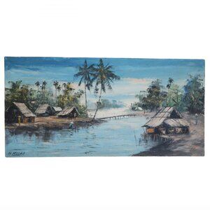 vtg 60s H Khai Vietnam beach fishing village painting